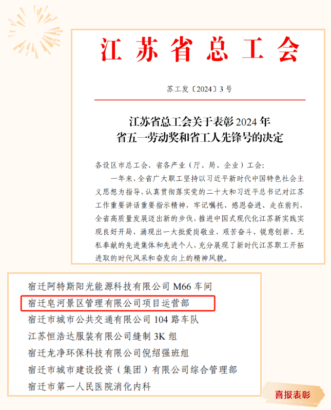 喜報(bào)!市文旅集團(tuán)旗下宿遷皂河景區(qū)管理有限公司項(xiàng)目運(yùn)營(yíng)部榮獲2024年“省工人先鋒號(hào)”榮譽(yù)稱號(hào)(圖1) 喜報(bào)!市文旅集團(tuán)旗下宿遷皂河景區(qū)管理有限公司項(xiàng)目運(yùn)營(yíng)部榮獲2024年“省工人先鋒號(hào)”榮譽(yù)稱號(hào)(圖1)
